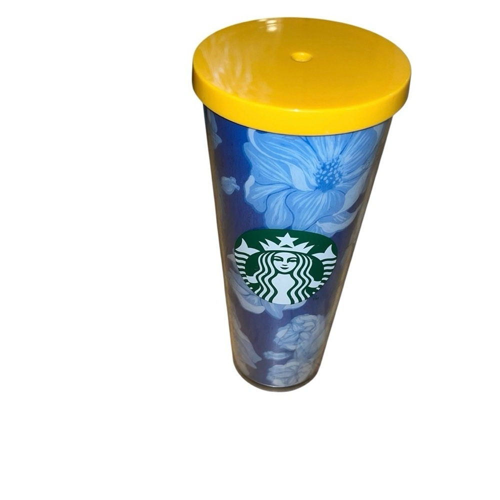 Rare Starbucks Desert Floral Cactus Blue flowers 24 fl oz tumbler cup yellow lid - Picture 1 of 5